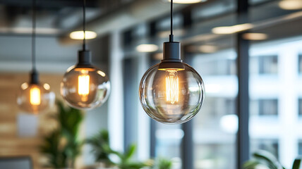 Elegant glass pendant lights illuminating a modern workspace in an urban office environment