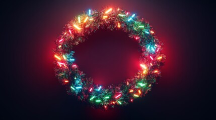 A glowing Christmas wreath made of neon rings, futuristic light tubes emitting vibrant reds and greens, radiant LED lights woven throughout, 3D, neon art style, dark background