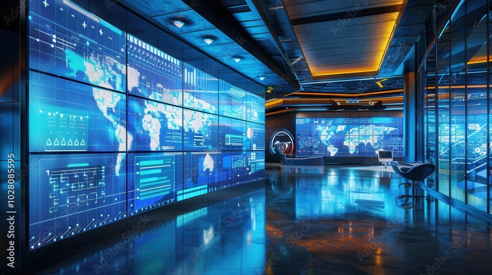 Leinwandbilder the control center is illuminated by large screens showing dynamic maps, routes, and delivery inform