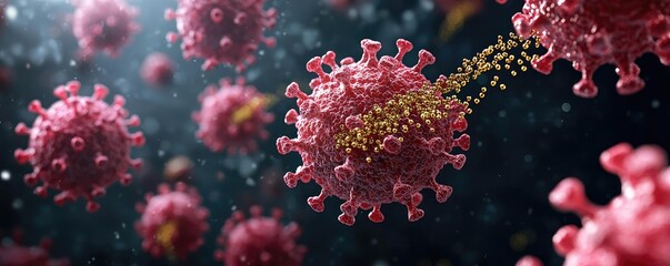 Detailed illustration of virus particles on dark background.