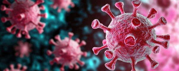 3D representation of virus, detailed structure, colorful illustration.