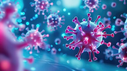 Obraz premium Colorful microscopic view of a virus on a blue background.