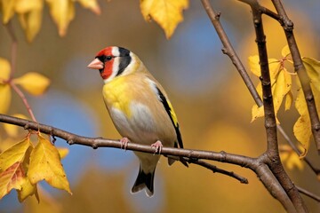 Fototapeta premium Goldfinch Bird Among Autumn Leaves
