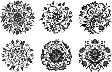 Set of Ornate Black Floral Mandala Designs, Elegant Decorative Patterns for Art and Design