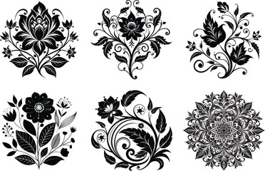 Set of Ornate Black Floral Mandala Designs, Elegant Decorative Patterns for Art and Design