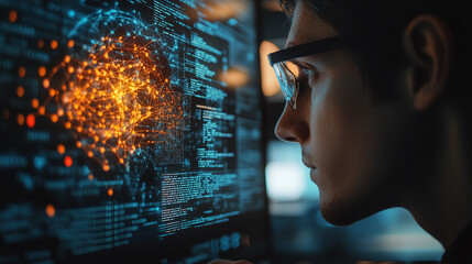 A close-up of a researcher working on deep learning algorithms, with a computer screen filled with complex neural network diagrams and code, showcasing innovation in AI technology.