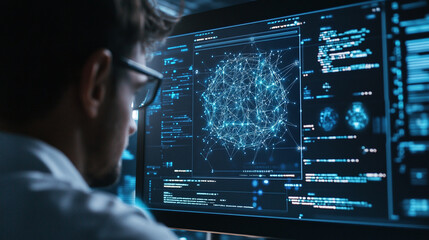 A close-up of a researcher working on deep learning algorithms, with a computer screen filled with complex neural network diagrams and code, showcasing innovation in AI technology.