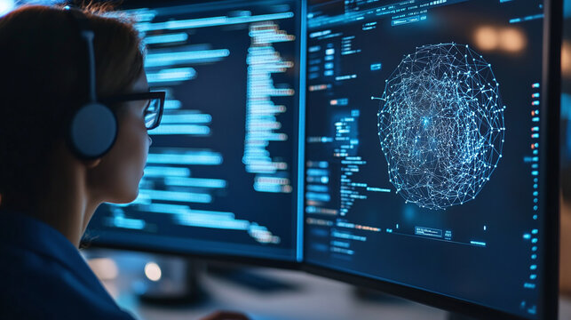 A close-up of a researcher working on deep learning algorithms, with a computer screen filled with complex neural network diagrams and code, showcasing innovation in AI technology.
