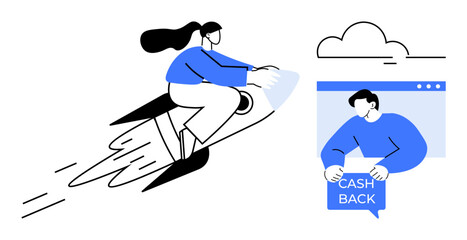 Woman riding a rocket and man holding a cashback sign. Ideal for financial services, online shopping, tech innovation, customer rewards, and marketing strategies. Simple flat style