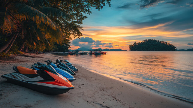Jetski park at sandy sea beach with coconut tree. Summer tropical sports.