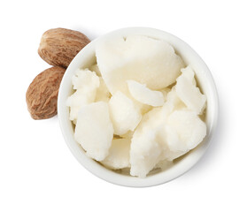 Shea butter in bowl and nuts isolated on white, top view