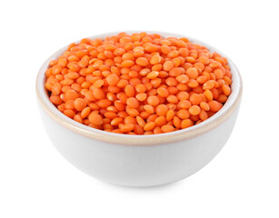 Raw lentils in bowl isolated on white