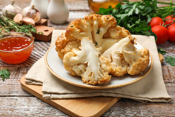 Plate with tasty baked cauliflower, sauce and products on wooden table, closeup