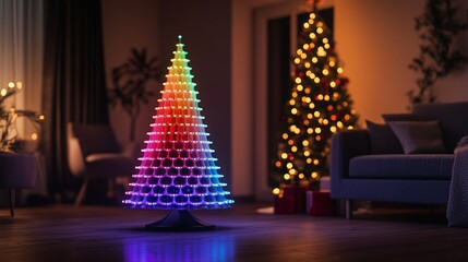 Fototapeta premium Futuristic holiday scene with a modern, minimalist Christmas tree and programmable LED lights, each ornament pulsing in synchronized custom colors, tech-inspired celebration