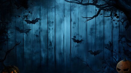 A wooded area with a moon in the sky and three pumpkins on a table. The pumpkins are lit up and have scary faces