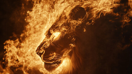 A lion’s silhouette made of flames, symbolizing power, courage, and leadership