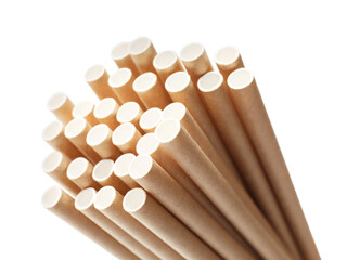 Many bamboo drinking straws isolated on white background