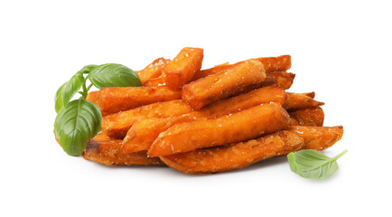 Sweet potato fries and basil isolated on white