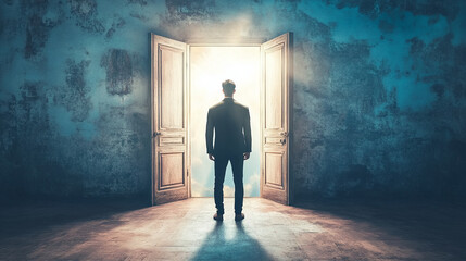 Obraz premium A man standing before an open door, light pouring in, representing new opportunities and beginnings