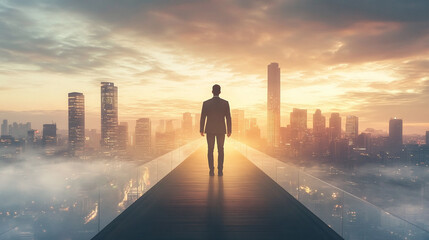 A man standing on a bridge, looking out over a city skyline, symbolizing ambition and vision for the future