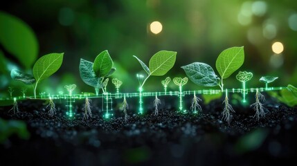 Green plant sprouts with digital roots on a blurred green background.