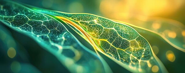 Naklejka premium Macro view of vibrant green leaf with intricate cellular structure and sunlight.