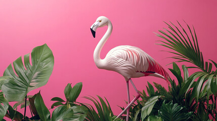 Obraz premium A regal flamingo statue standing on one leg, surrounded by tropical plants, on a bright pink background