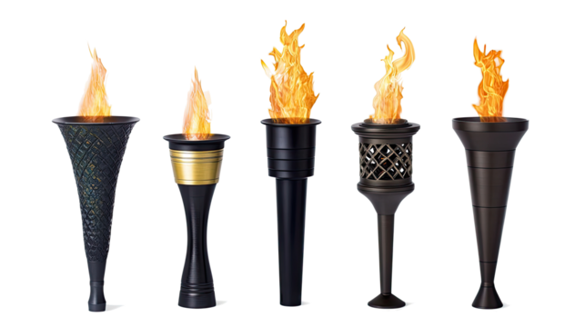 Five Decorative Torches With Flames on White Background Generative AI