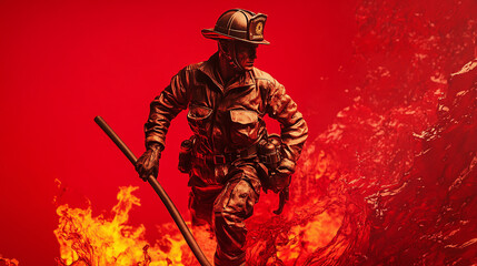 Obraz premium A statue of a determined firefighter holding a hose, surrounded by flames and tools, on a bold red background