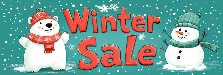 Winter sale promotional poster banner design with snowman.