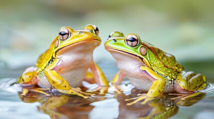 Two colorful frogs resting on the water's surface, serene and vibrant environment.
