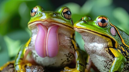Naklejka premium Two colorful frogs close-up with vibrant details on a natural background.