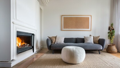 Pouf and side table near white sofa against fireplace and white wall with poster frame. Minimalist interior design of modern living room, home.