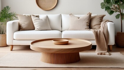 Round wood coffee table against white sofa. Scandinavian home interior design of modern living room.