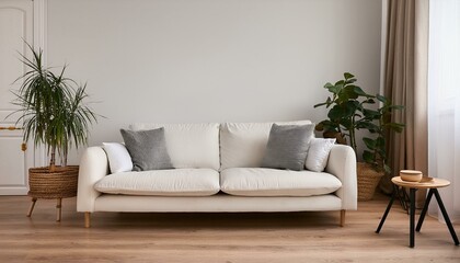 White sofa on wooden parquet. Minimalist, scandinavian home interior design of modern living room.