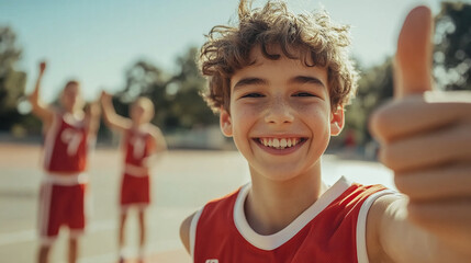 An enthusiastic teenage boy in a sports jersey, giving a thumbs up while celebrating with teammates on a basketball court