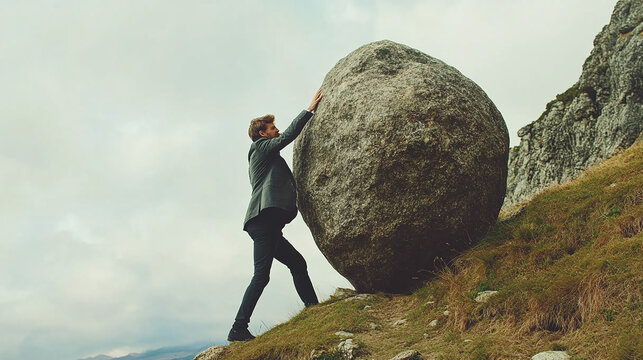 Businessman pushing a giant boulder up a hill, metaphor for overcoming obstacles and persistence in business