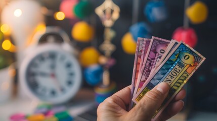 Close-up of a hand holding a stack of colorful lottery tickets with a blurred background featuring a digital clock and a lucky charm. hope, chance, dream, wealth,win, jackpot, gamble, risk, success