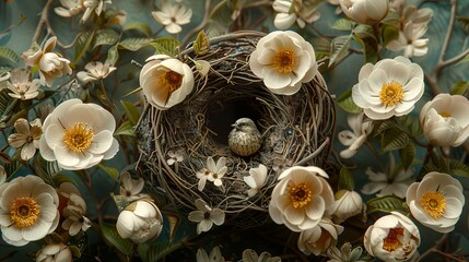 Fototapeta premium A Bird's Nest Surrounded by Delicate White Flowers