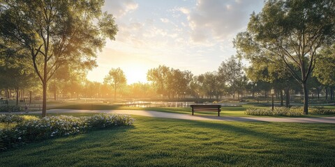 Vibrant sunrise illuminating a tranquil park scene, perfect for nature enthusiasts and morning walkers