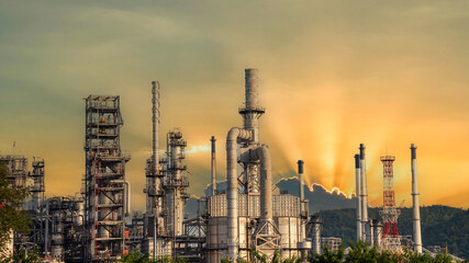 Fototapeta premium Oil refinery gas petrol plant industry with crude tank, gasoline supply and chemical factory. Petroleum barrel fuel heavy industry oil refinery manufacturing factory plant. Refinery industry concept