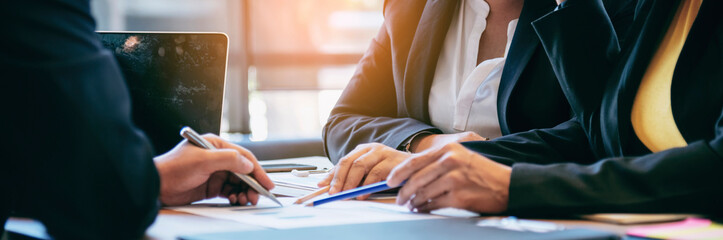 Banner close up hands group of Business People meeting conference room look at summary report graph...