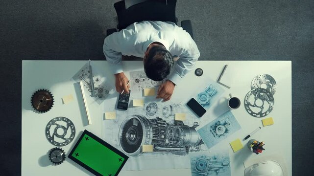 Time lapse of professional engineer writing and planning turbine engine design while sitting at meeting table with gear and electronic generator scatter around. Technician taking a note. Alimentation.