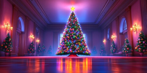 20ft tall artificial Christmas tree adorned with vibrant lights and ornaments, perfect for festive holiday celebrations