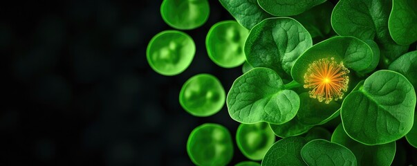 Vibrant green leaves with a bright yellow flower, dark background, nature close-up.