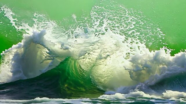 Emerald Wave: An emerald-hued wave crashes with dramatic intensity, its crest exploding in a burst of white foam, creating a mesmerizing spectacle of nature's power. 