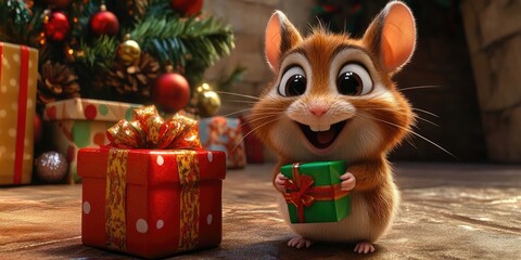 Fototapeta premium Hamster joyfully interacting with a colorful Christmas present, capturing the festive spirit of the holidays