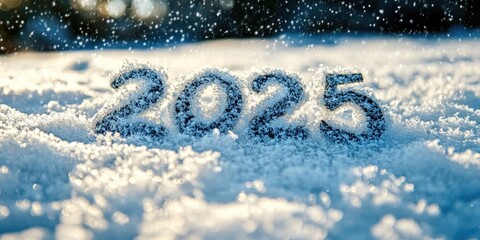 New Year message written in fresh snow, celebrating the arrival of 2025, customizable space for personal greetings.