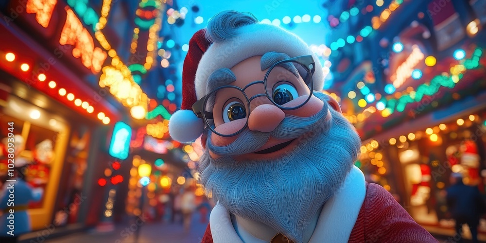 Wall mural Close-up portrait of smiling Santa Claus with gray mustache and glasses in a traditional white suit, festive atmosphere with bokeh and beautiful lights background