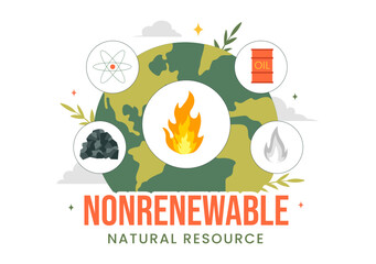 Nonrenewable Natural Energy Resources Vector Illustration Featuring Nuclear, Petroleum, Oil, Natural Gas, and Coal Fuels in a Flat Style Background